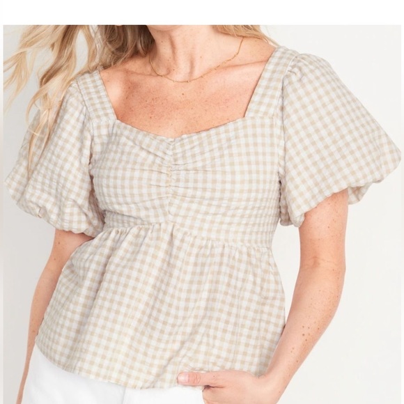 Old Navy Tops - Women’s Old Navy Puffy Sleeved Babydoll Swing Blouse Gingham Print Size M NWT
